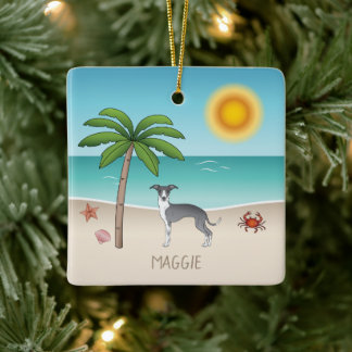 Blue And White Iggy Dog At A Tropical Summer Beach Ceramic Ornament