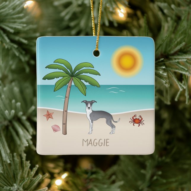 Blue And White Iggy Dog At A Tropical Summer Beach Ceramic Ornament (Tree)