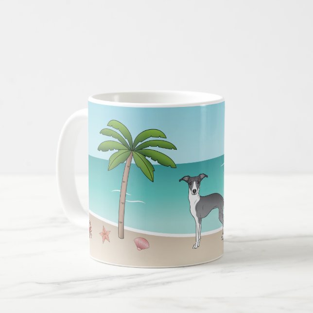 Blue And White Iggy Dog At A Tropical Summer Beach Coffee Mug (Front Left)