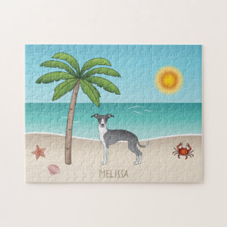 Blue And White Iggy Dog At A Tropical Summer Beach Jigsaw Puzzle