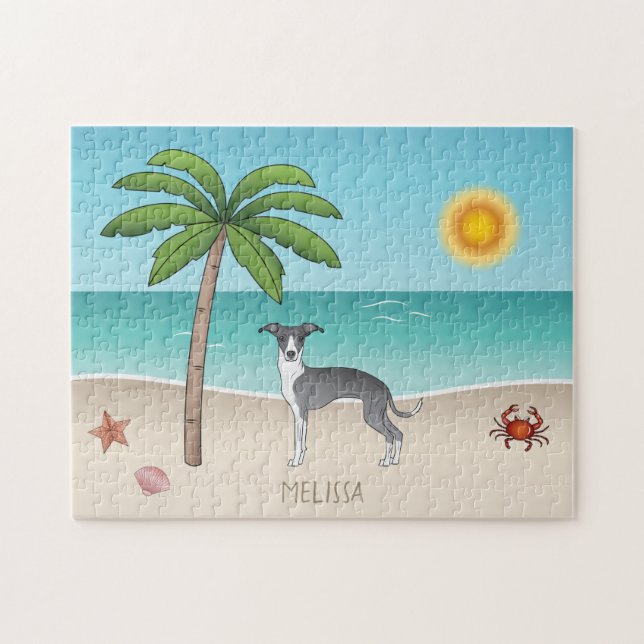 Blue And White Iggy Dog At A Tropical Summer Beach Jigsaw Puzzle (Horizontal)
