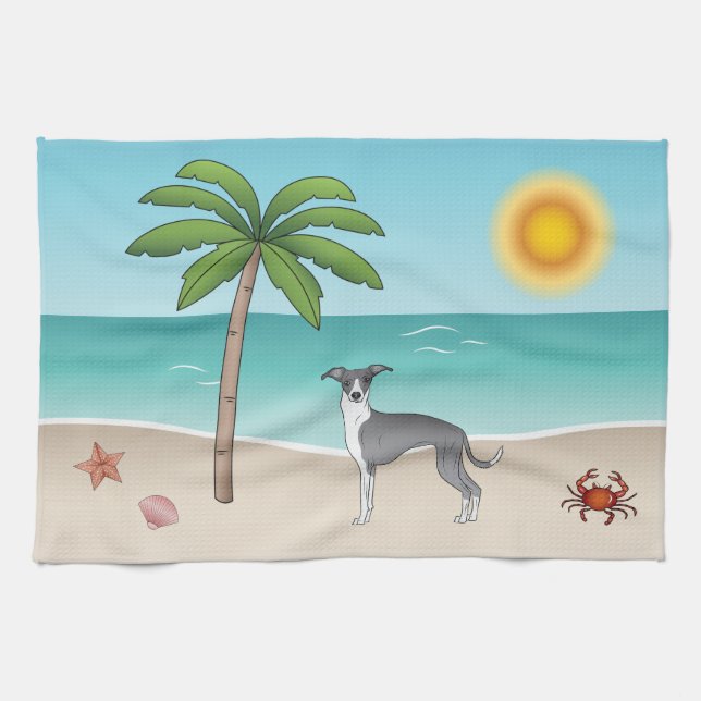 Blue And White Iggy Dog At A Tropical Summer Beach Kitchen Towel (Horizontal)