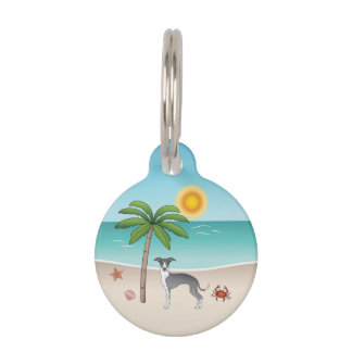 Blue And White Iggy Dog At A Tropical Summer Beach Pet ID Tag