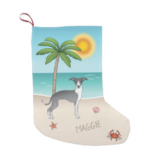 Blue And White Iggy Dog At A Tropical Summer Beach Small Christmas Stocking