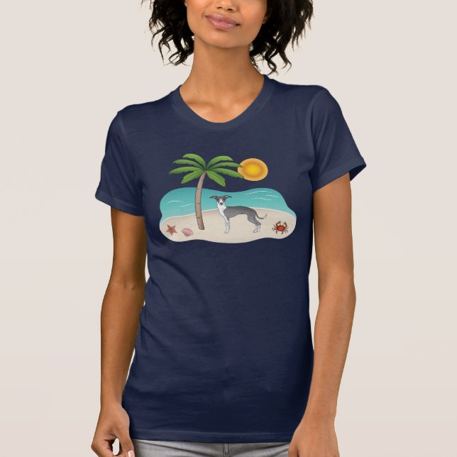 Blue And White Iggy Dog At A Tropical Summer Beach T-Shirt (Front)