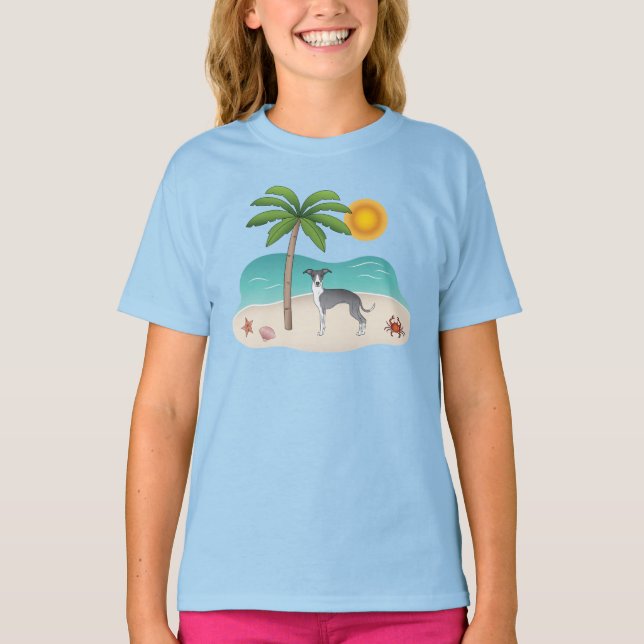 Blue And White Iggy Dog At A Tropical Summer Beach T-Shirt (Front)