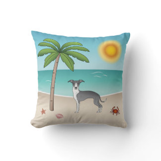 Blue And White Iggy Dog At A Tropical Summer Beach Throw Pillow