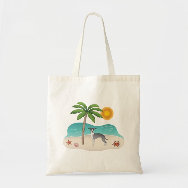 Blue And White Iggy Dog At A Tropical Summer Beach Tote Bag (Front)