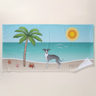 Blue And White Iggy Dog At A Tropical Summer Beach Towel