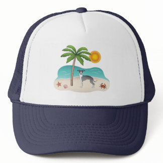 Blue And White Iggy Dog At A Tropical Summer Beach Trucker Hat