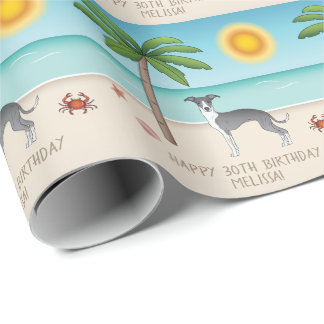 Blue And White Iggy Dog At A Tropical Summer Beach Wrapping Paper