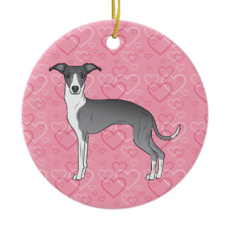Blue And White Iggy Dog - Pink Hearts Pet Memorial Ceramic Ornament