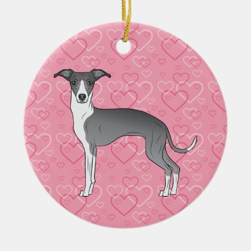 Blue And White Iggy Dog _ Pink Hearts Pet Memorial Ceramic Ornament
