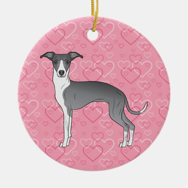 Blue And White Iggy Dog - Pink Hearts Pet Memorial Ceramic Ornament (Front)