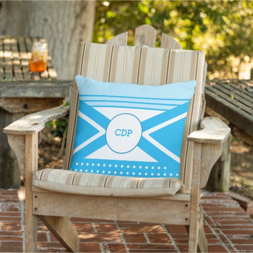 Blue and white initials time to relax outdoor pillow
