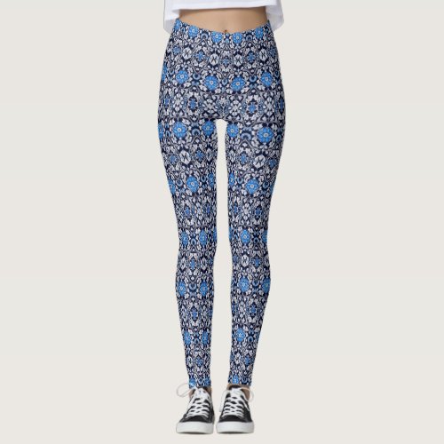 Blue and White Intricate Floral Leggings