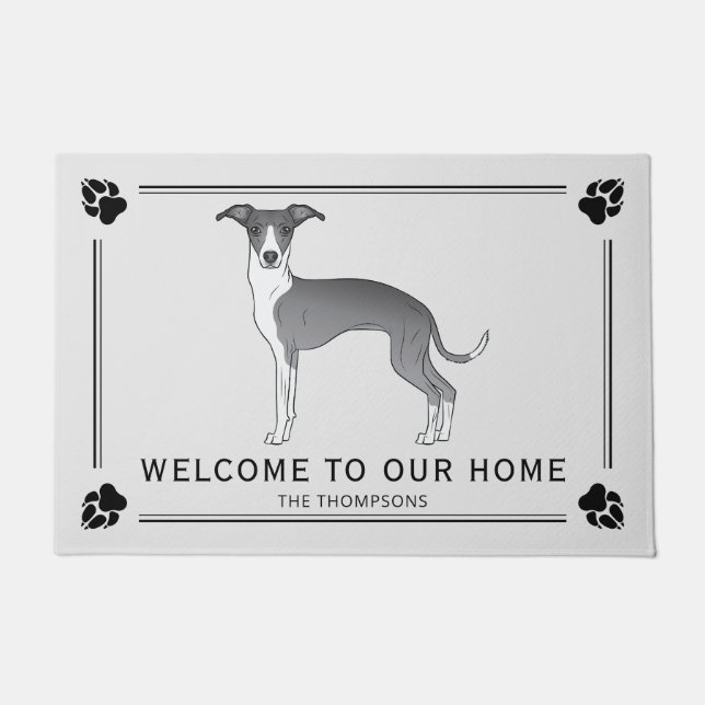 Blue And White Italian Greyhound And Paws And Text Doormat (Front)