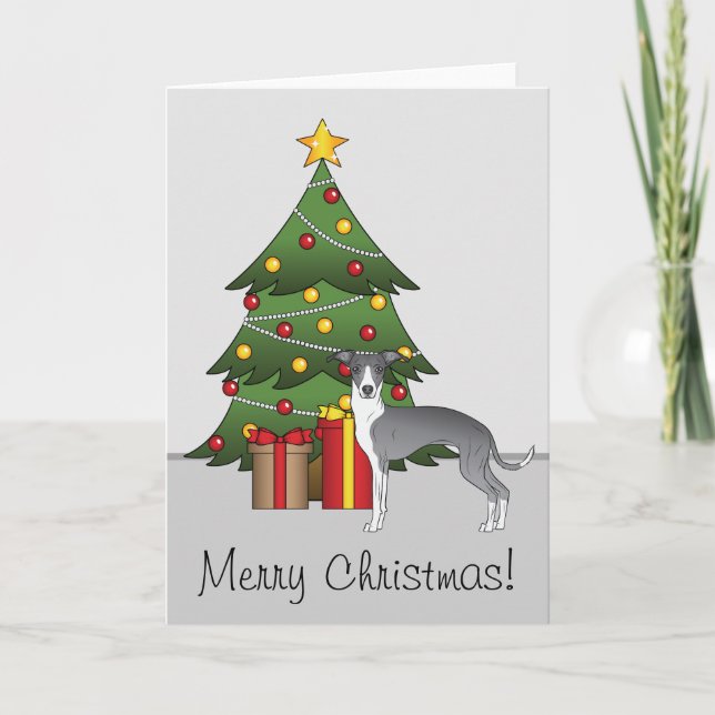 Blue And White Italian Greyhound & Christmas Tree Card (Front)