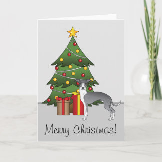 Blue And White Italian Greyhound &amp; Christmas Tree Card