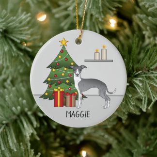 Blue And White Italian Greyhound &amp; Christmas Tree Ceramic Ornament