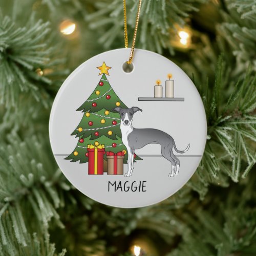 Blue And White Italian Greyhound  Christmas Tree Ceramic Ornament