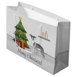 Blue And White Italian Greyhound &amp; Christmas Tree Large Gift Bag