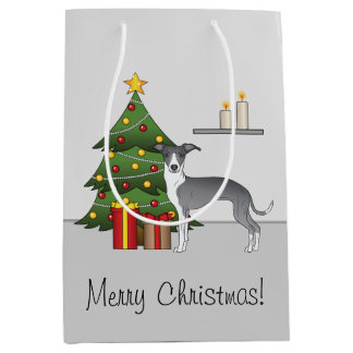 Blue And White Italian Greyhound & Christmas Tree Medium Gift Bag