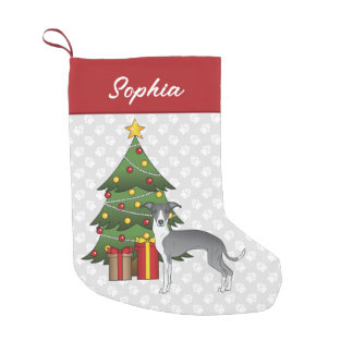 Blue And White Italian Greyhound &amp; Christmas Tree Small Christmas Stocking