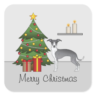 Blue And White Italian Greyhound &amp; Christmas Tree Square Sticker