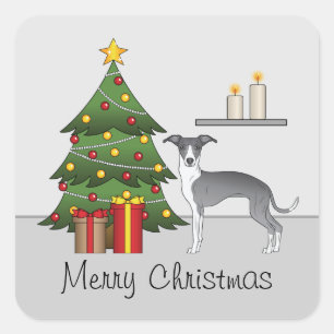 Blue And White Italian Greyhound & Christmas Tree Square Sticker