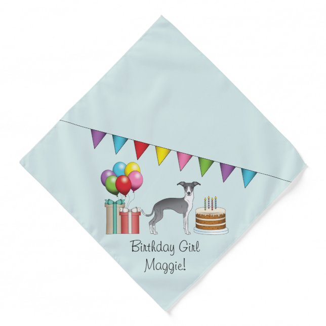 Blue And White Italian Greyhound Colorful Birthday Bandana (Front)