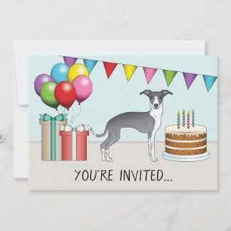 Blue And White Italian Greyhound Colorful Birthday Invitation