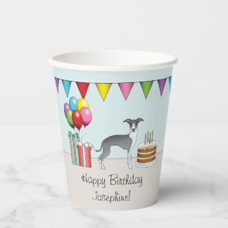 Blue And White Italian Greyhound Colorful Birthday Paper Cups