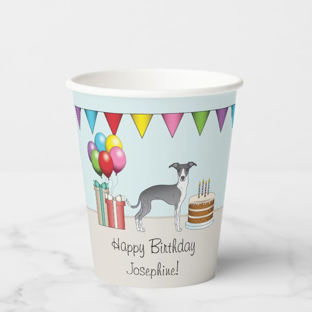 Blue And White Italian Greyhound Colorful Birthday Paper Cups (Front)
