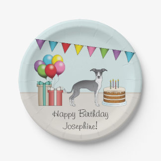 Blue And White Italian Greyhound Colorful Birthday Paper Plates