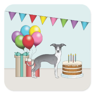 Blue And White Italian Greyhound Colorful Birthday Square Sticker