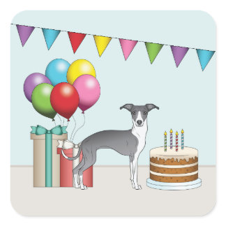 Blue And White Italian Greyhound Colorful Birthday Square Sticker