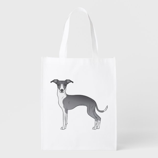 Blue And White Italian Greyhound Cute Cartoon Dog Grocery Bag (Front)