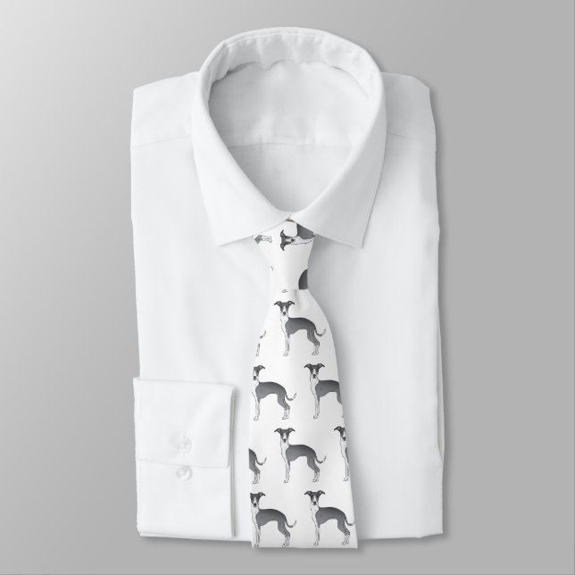 Blue And White Italian Greyhound Cute Dog Pattern Neck Tie (Tied)