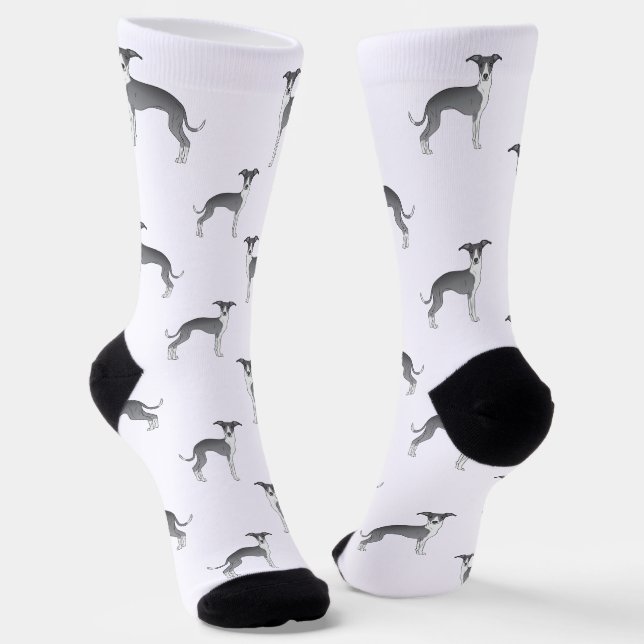 Blue And White Italian Greyhound Cute Dog Pattern Socks (Angled)