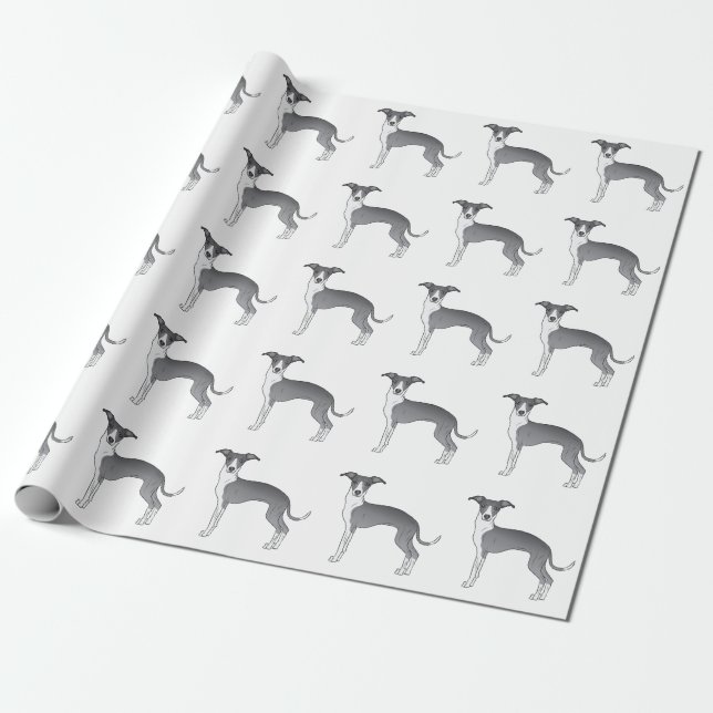 Blue And White Italian Greyhound Cute Dog Pattern Wrapping Paper (Unrolled)