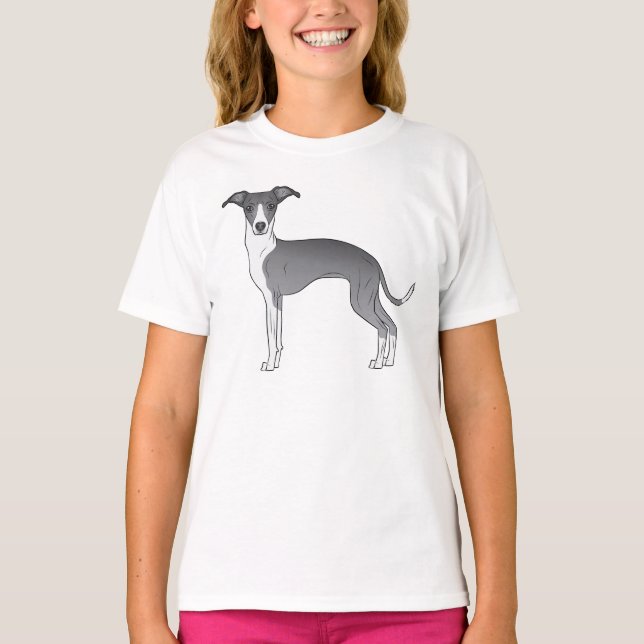 Blue And White Italian Greyhound Dog Illustration T-Shirt (Front)