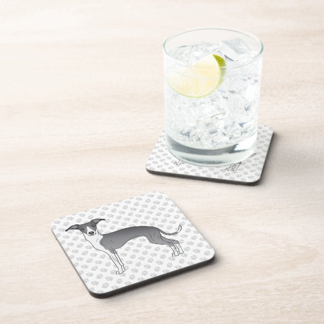 Blue And White Italian Greyhound Dog With Paws Beverage Coaster (Right Side)