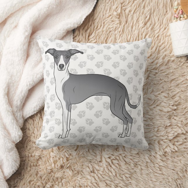 Blue And White Italian Greyhound Dog With Paws Throw Pillow (Blanket)
