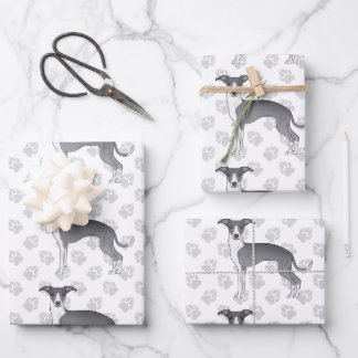 Blue And White Italian Greyhound Dogs With Paws Wrapping Paper Sheets
