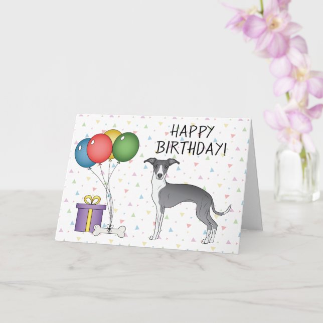 Blue And White Italian Greyhound - Happy Birthday Card (Orchid)