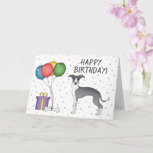 Blue And White Italian Greyhound _ Happy Birthday Card