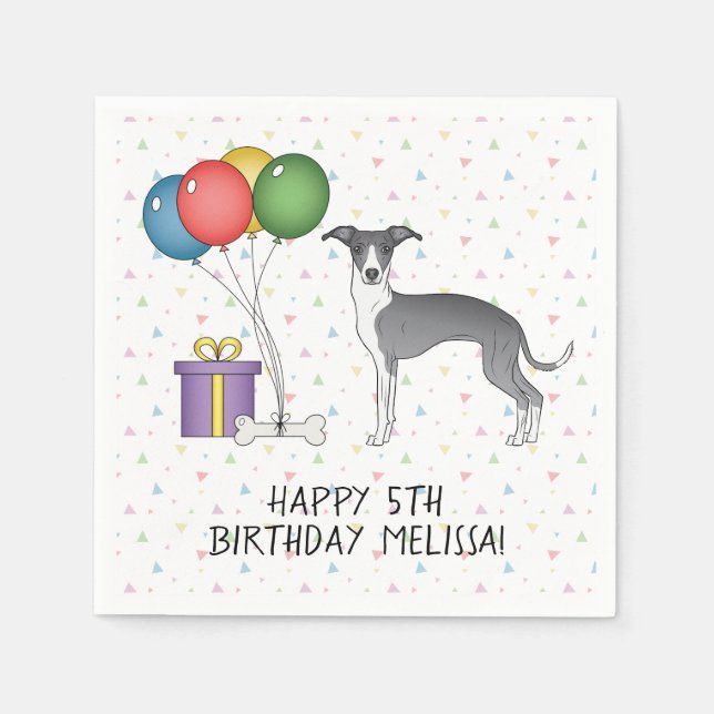 Blue And White Italian Greyhound - Happy Birthday Napkins (Front)