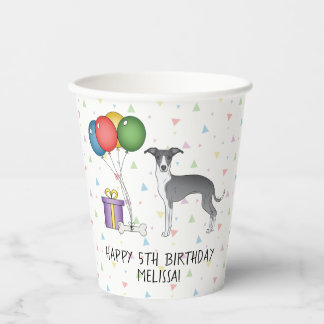 Blue And White Italian Greyhound - Happy Birthday Paper Cups