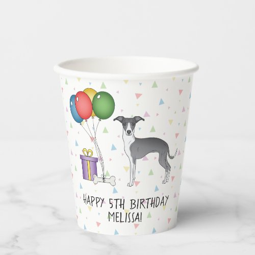 Blue And White Italian Greyhound _ Happy Birthday Paper Cups